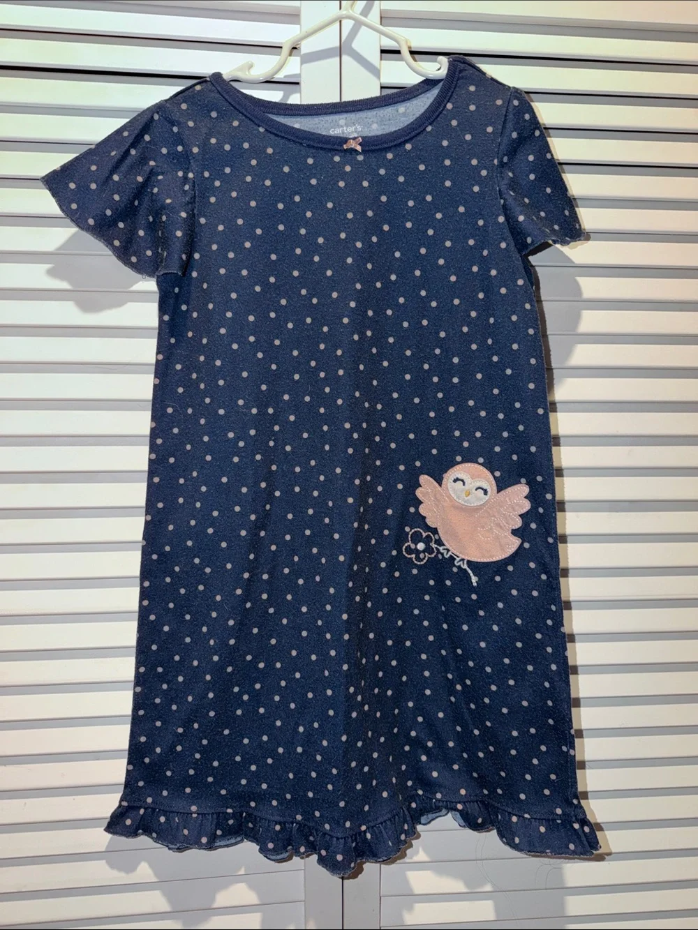 Carter's Navy Polka Dot Girls' Nightgown with Pink Bird Applique